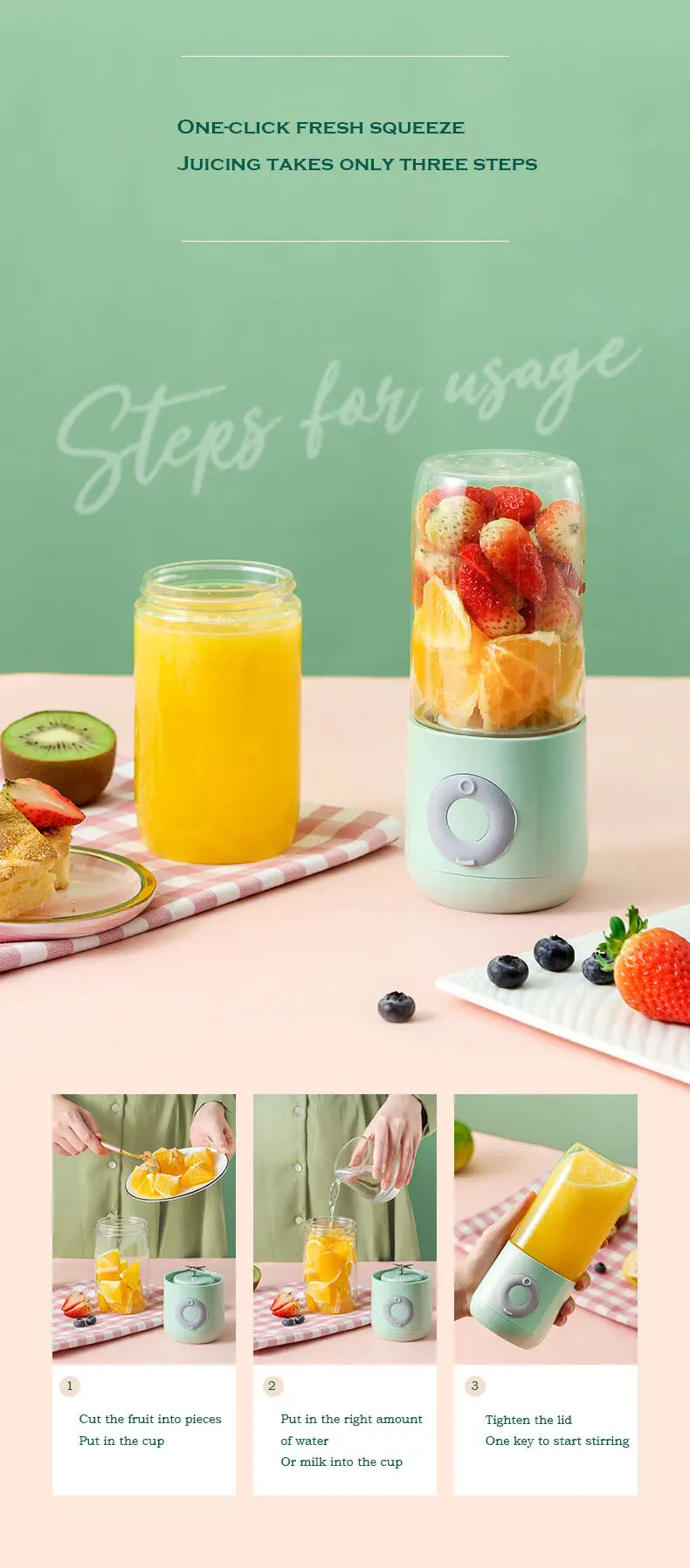 Compact pastel portable blender shown blending fruits with step-by-step usage guide and juice examples
