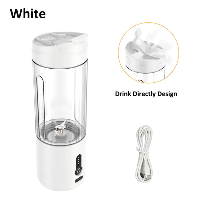 White 530ml portable blender with USB charging cable displayed on white background