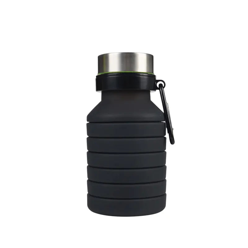Foldable black silicone water bottle shown from the side with a metal lid