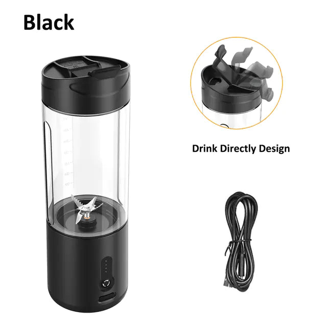 Black 530ml portable blender with USB charging cable shown on white background