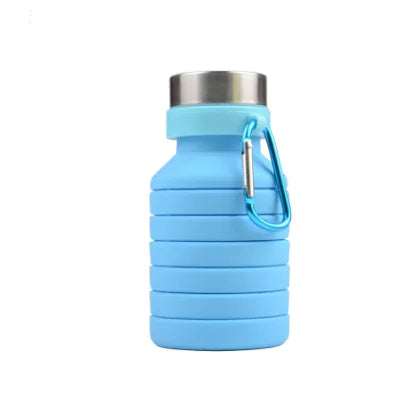 Foldable blue silicone water bottle with silver lid and carabiner clip