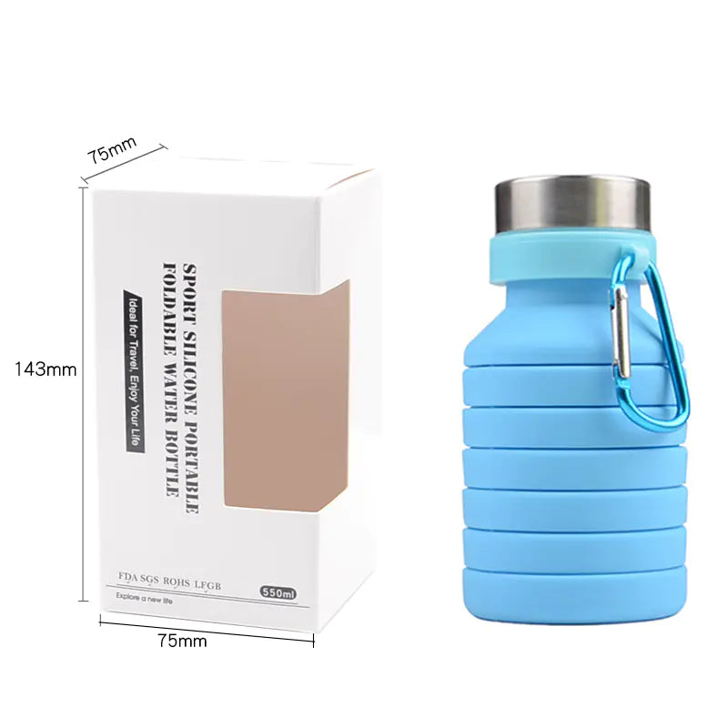 Compact blue collapsible silicone water bottle with carabiner clip beside its white packaging box, measurements shown in millimeters.