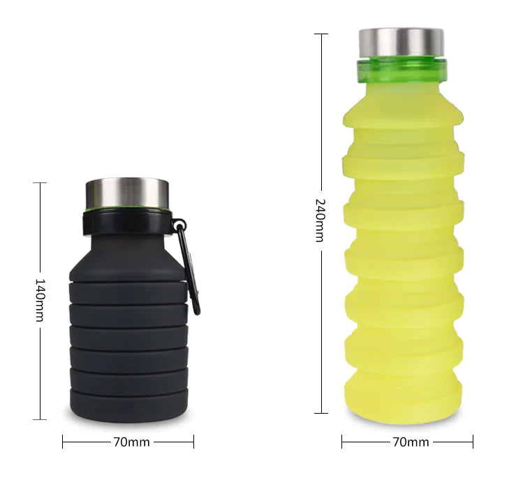 Two collapsible silicone water bottles, one black (140mm) and one yellow (240mm), with measurements shown in millimeters.