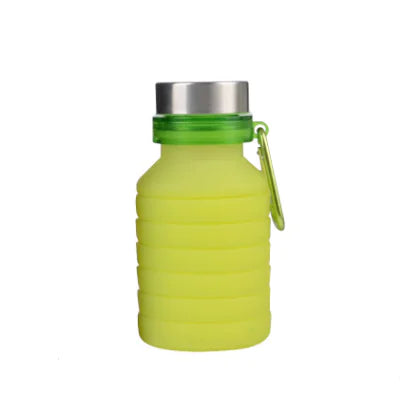 Small foldable green silicone water bottle with stainless steel lid