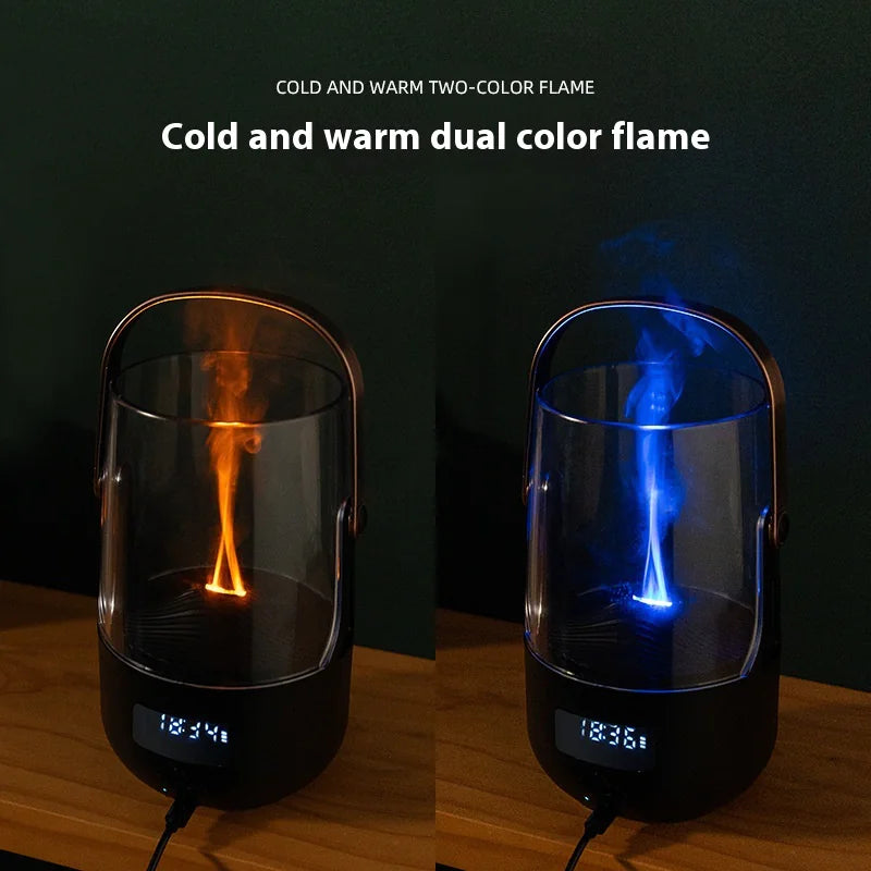 Portable aroma diffuser showing cold and warm dual color flame effect with digital display, one in orange light and one in blue light | Fixxora