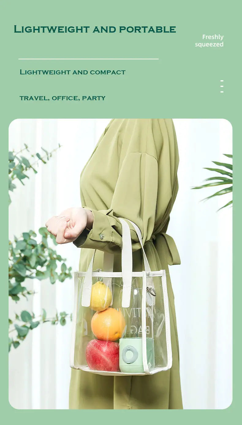 Portable blender with fruits inside shown stylishly in a tote bag for travel and outdoor use