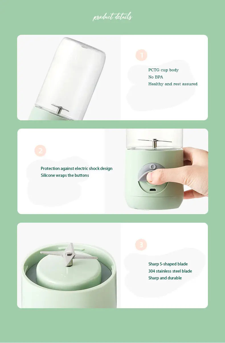Pastel green portable blender infographic highlighting BPA-free cup, electric shock protection button, and sharp stainless steel S-blade