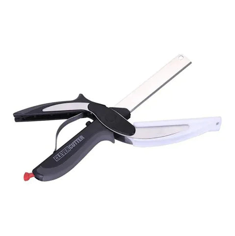 Black multi-function scissor knife tool with stainless steel blade shown fully open on white background