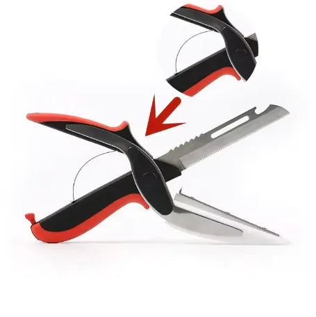 Multi-function scissor knife with arrow showing folding mechanism for safe storage