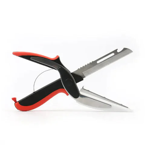 Multi-function kitchen scissor knife with black and red handle shown on white background
