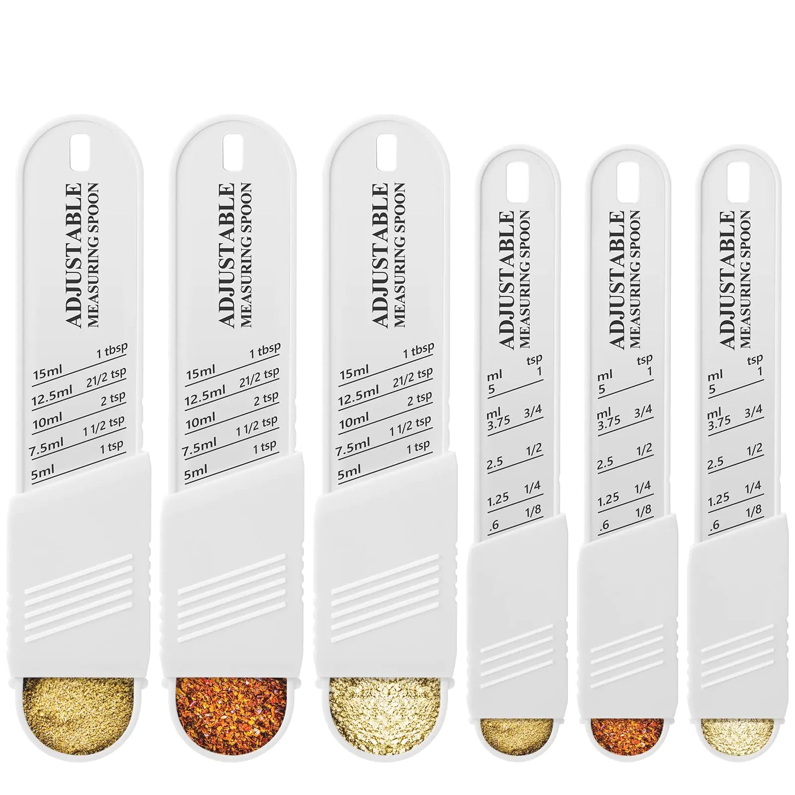 Set of 6 white measuring spoons filled with spices, each marked with precise measurement units