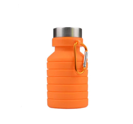 Foldable orange silicone water bottle with metal lid and carrying hook