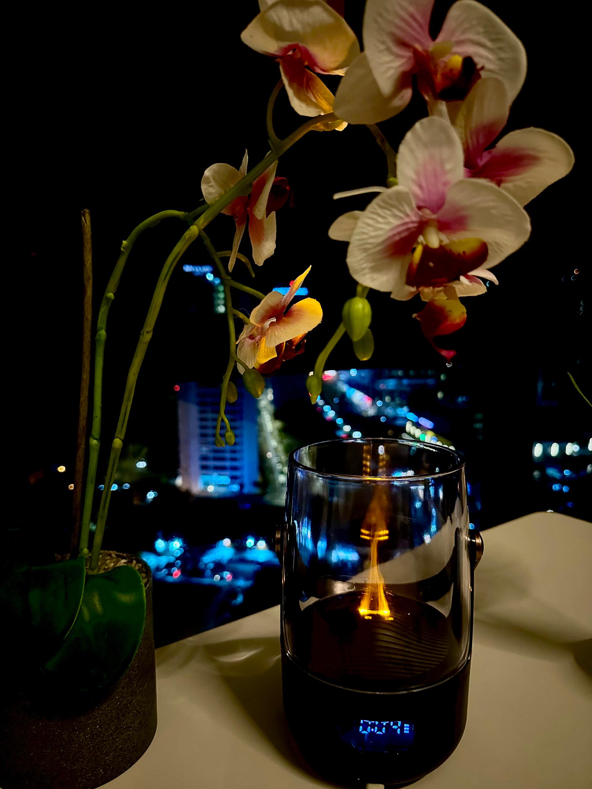 Dual flame diffuser with orchid flower decoration and cozy room background | Fixxora