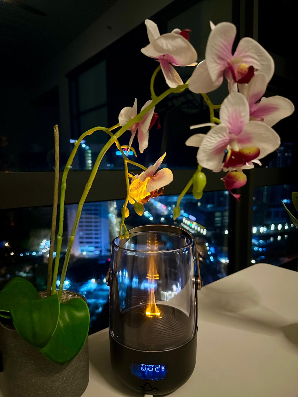 LumoFlare Dual Flame Diffuser with orchid flower and city night background | Fixxora