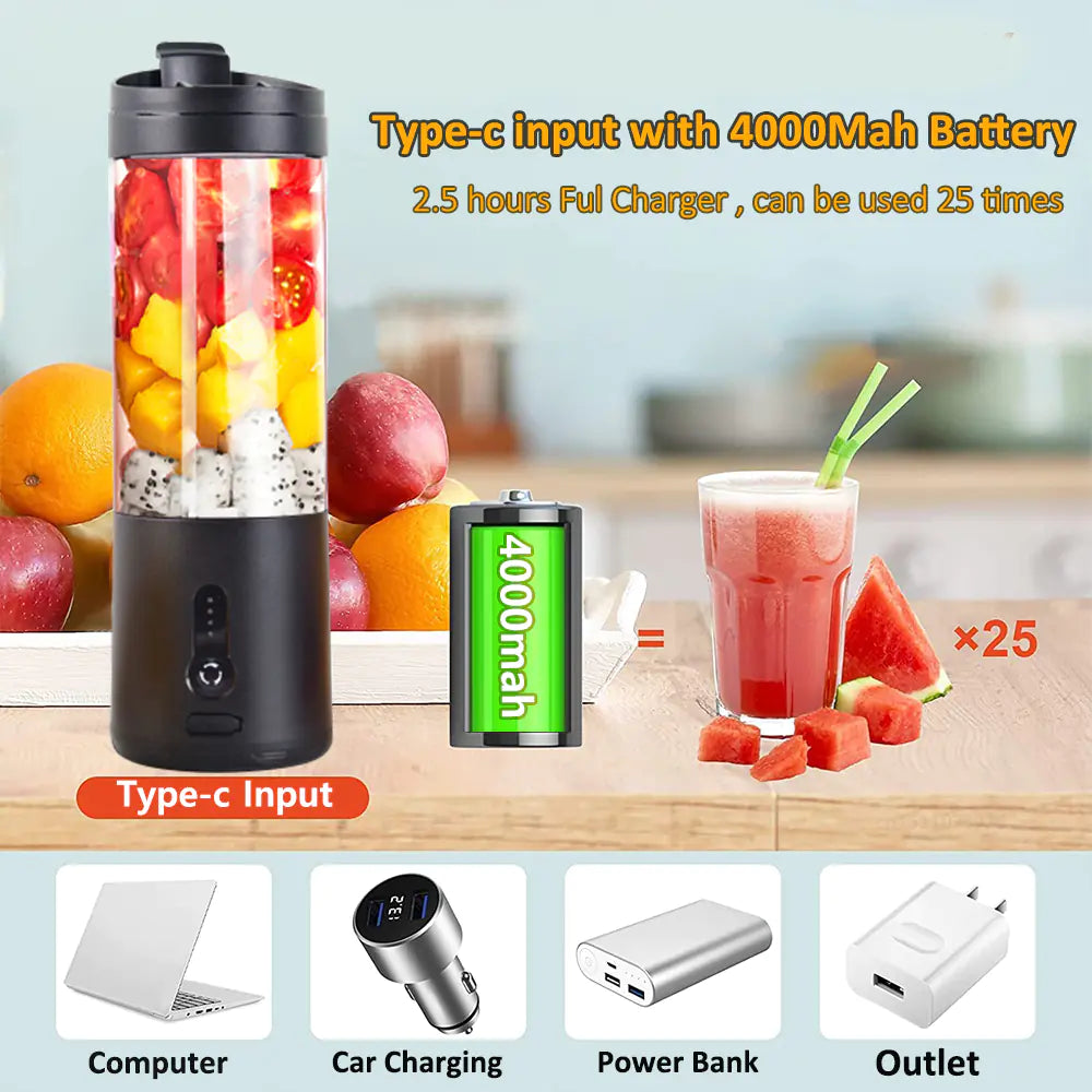 Portable blender highlighting rechargeable battery with USB charging cable and power indicators