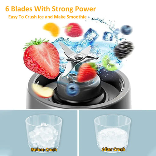 Portable blender with strawberries and ice showing 6 blades and strong motor for efficient blending