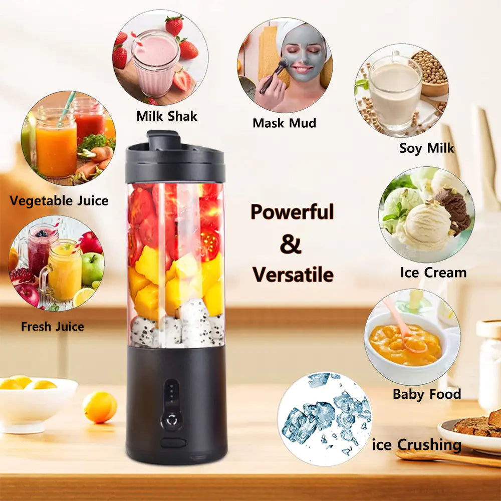 Portable blender shown blending smoothies, shakes, and baby food with icons of multiple uses