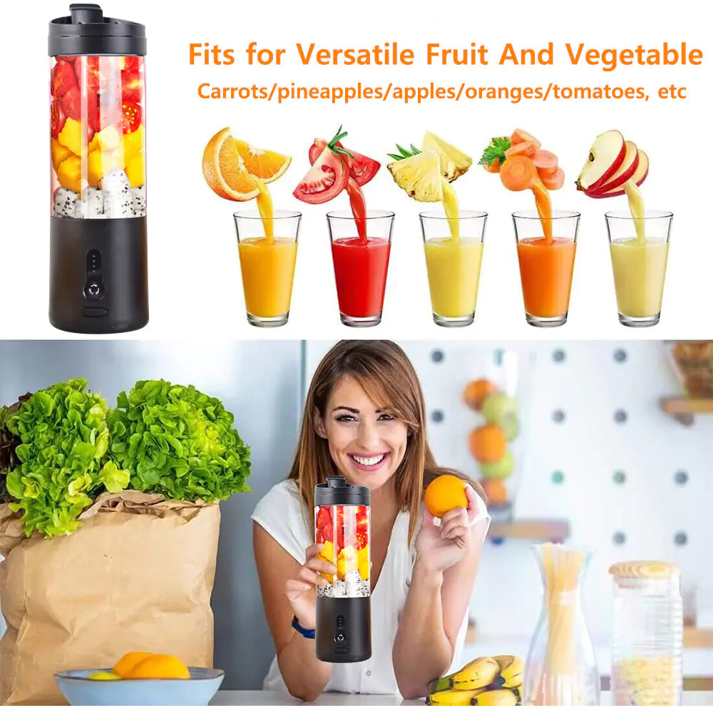 530ml black portable blender filled with colorful fruits beside glasses of juice, with a smiling woman holding the blender in a kitchen setting