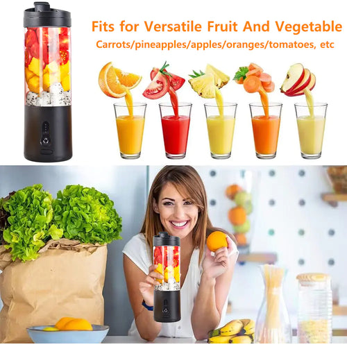 530ml black portable blender filled with colorful fruits beside glasses of juice, with a smiling woman holding the blender in a kitchen setting