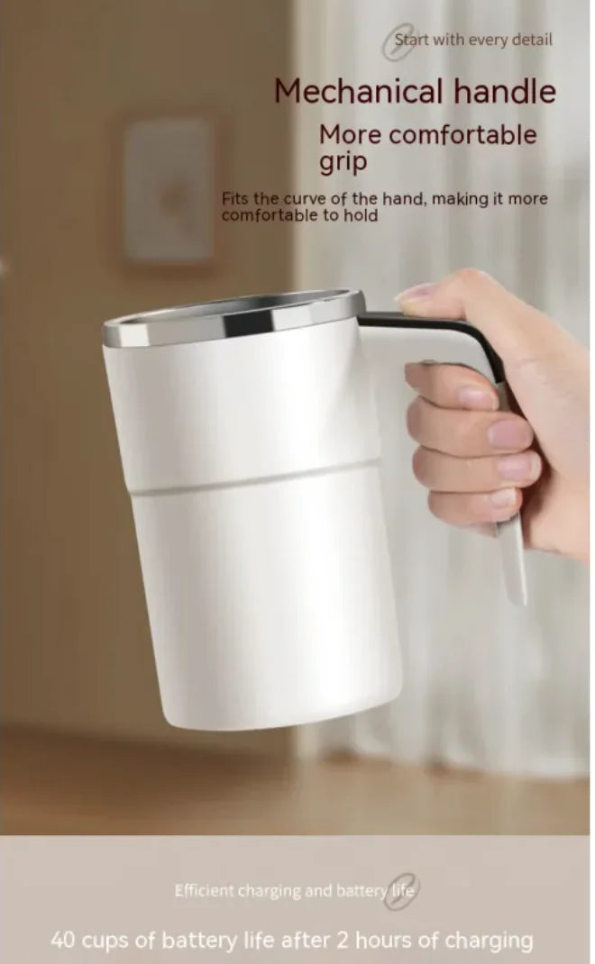 Person holding smart self-stirring mug with visible temperature display on the handle