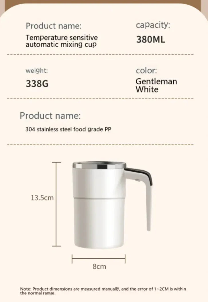 Infographic of smart self-stirring mug showing 380ml capacity, 338g weight, 304 stainless steel material, Gentleman White color, and dimensions 13.5cm by 8cm