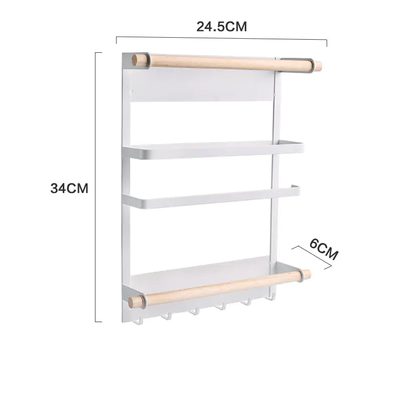 Wall-mounted kitchen storage rack with spice jars, towel holder and multipurpose shelf | Fixxora