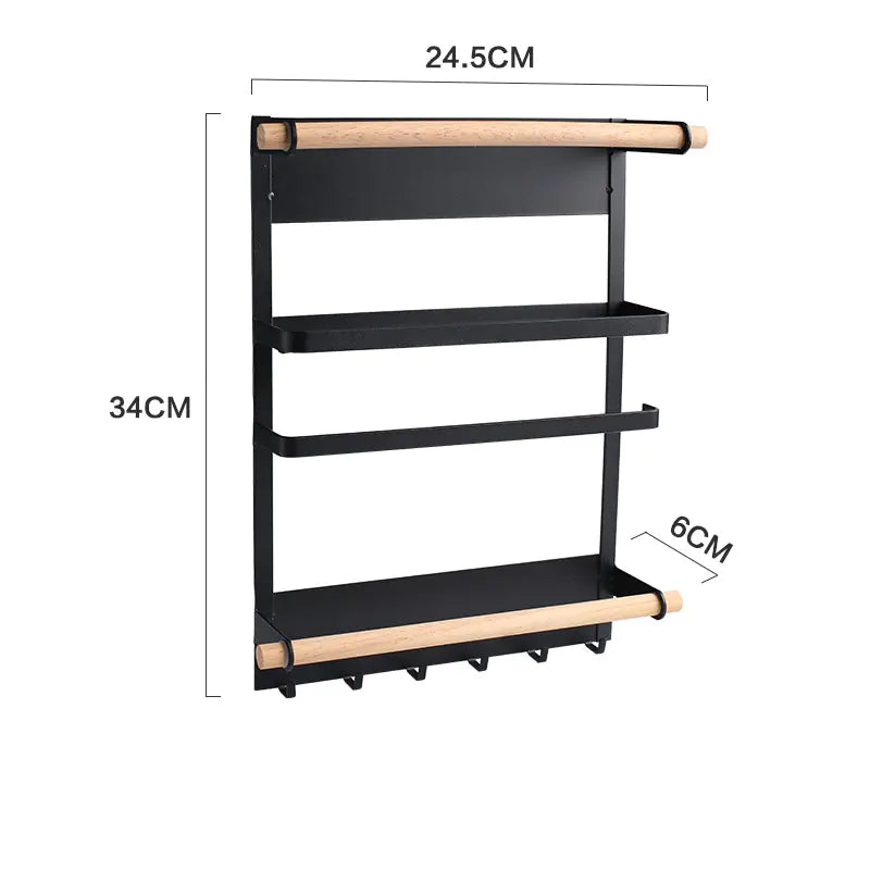 Black wall-mounted kitchen storage rack with wooden handles, labeled dimensions 34cm height x 24.5cm width x 6cm depth | Fixxora