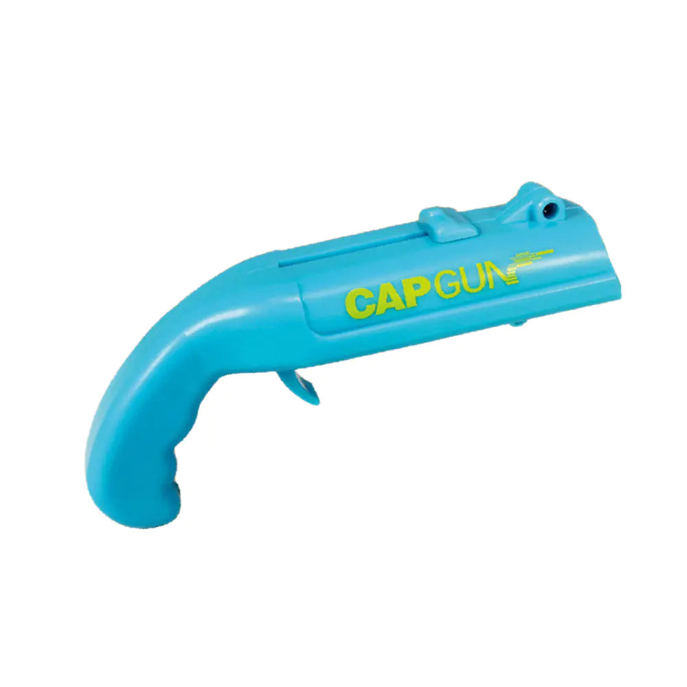 Blue CapGun bottle opener and cap launcher isolated on white background.