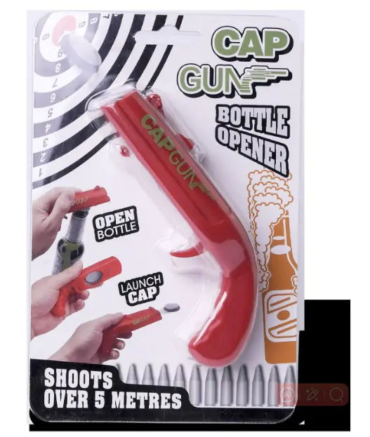 CapGun bottle opener poster showing usage demo with hand opening bottle.