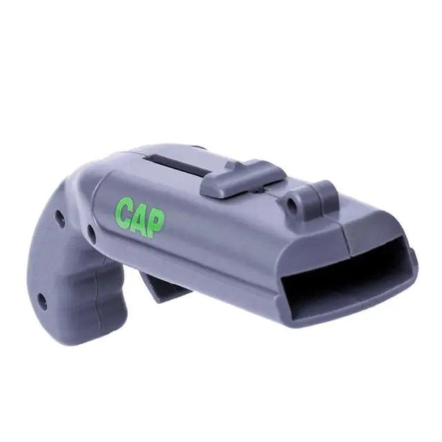 Grey CapGun bottle opener and cap launcher shown from side angle.
