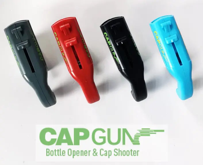 Multiple CapGun bottle openers in black, red, and blue shown side by side.