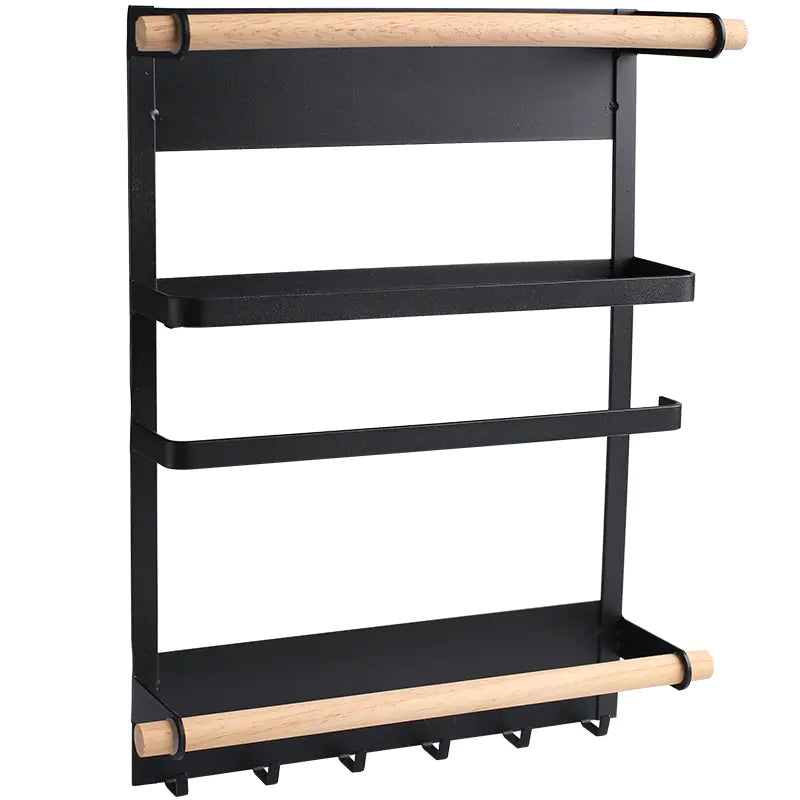 Black wall-mounted kitchen storage rack with two shelves and hooks, front view | Fixxora