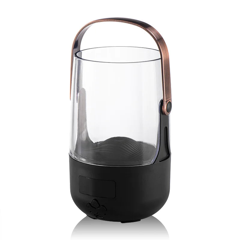 Portable black aroma diffuser with transparent glass top and leather-style handle | Fixxora