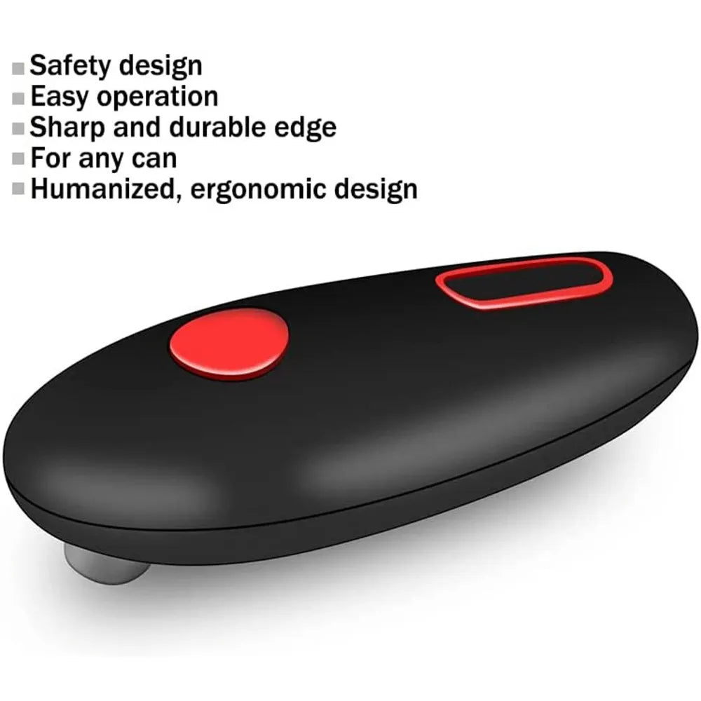 Angled view of the compact black electric can opener with red button and ergonomic design.