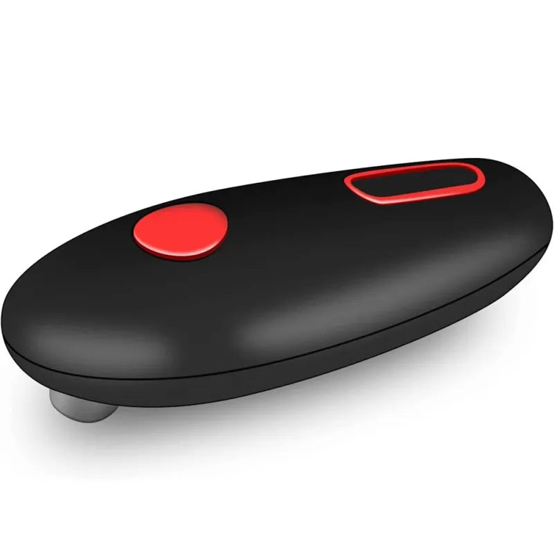 Black electric can opener with red button, shown in a flat front-facing view on a grey background.