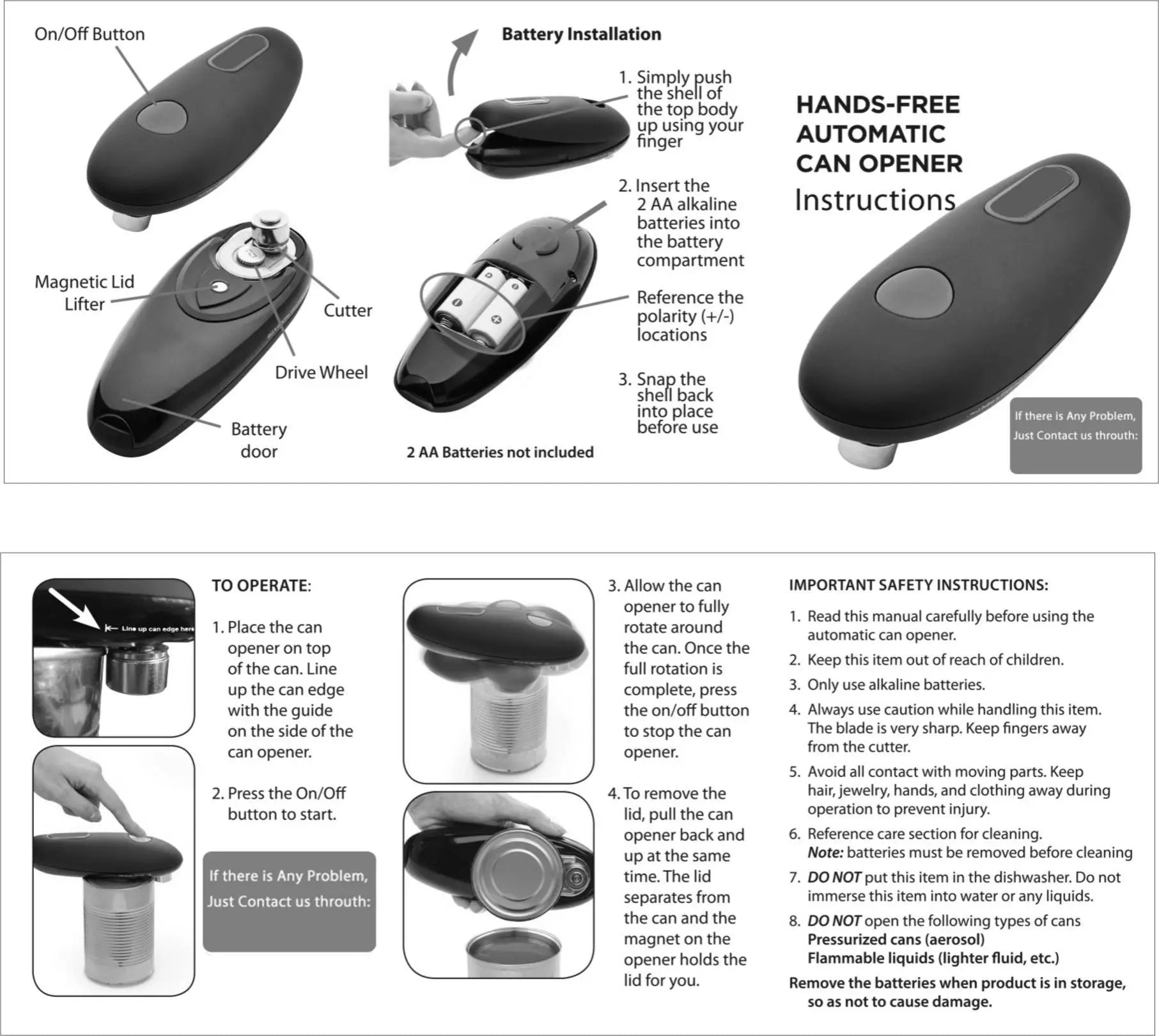 Instruction sheet showing different angles, usage steps, and features of the electric can opener.