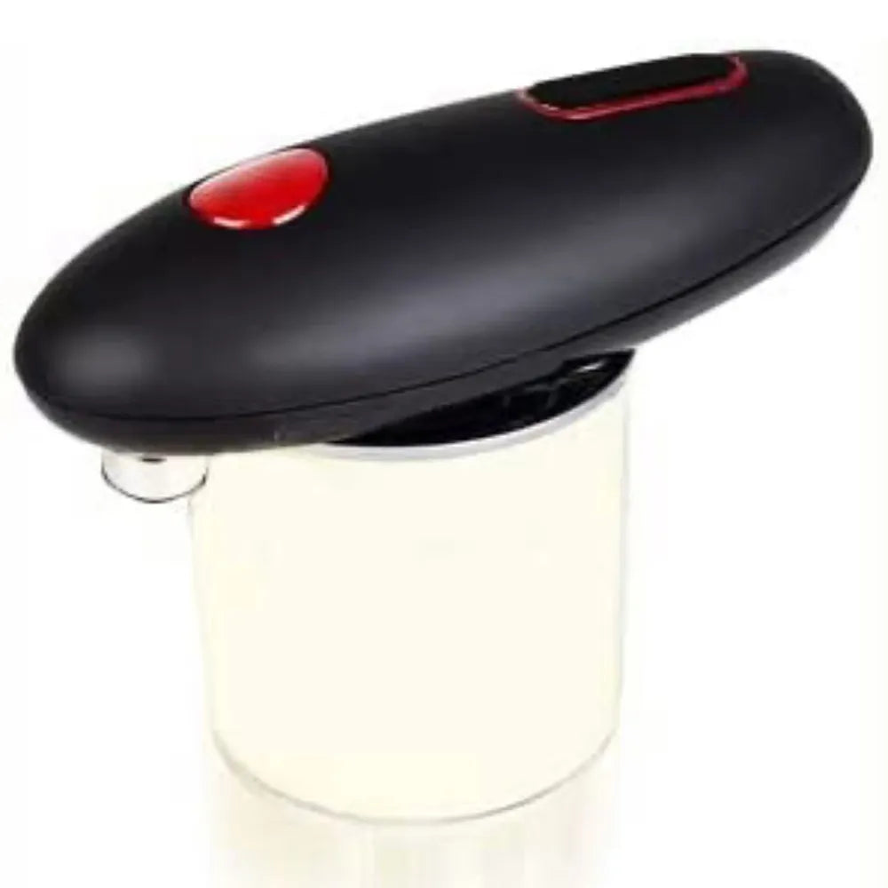 Hands-free black electric can opener placed on top of a can, demonstrating automatic cutting.